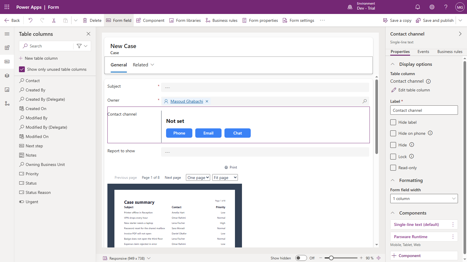 The form designer with the Contact channel field drawn as the Channel field screen: Not set and the Phone, Email and Chat buttons, beside the Contact channel label