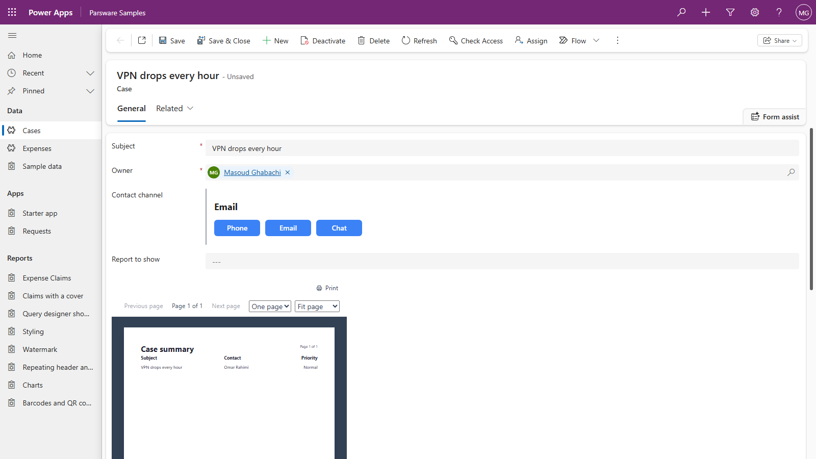 The case VPN drops every hour marked Unsaved, with the Contact channel field now showing Email above the Phone, Email and Chat buttons