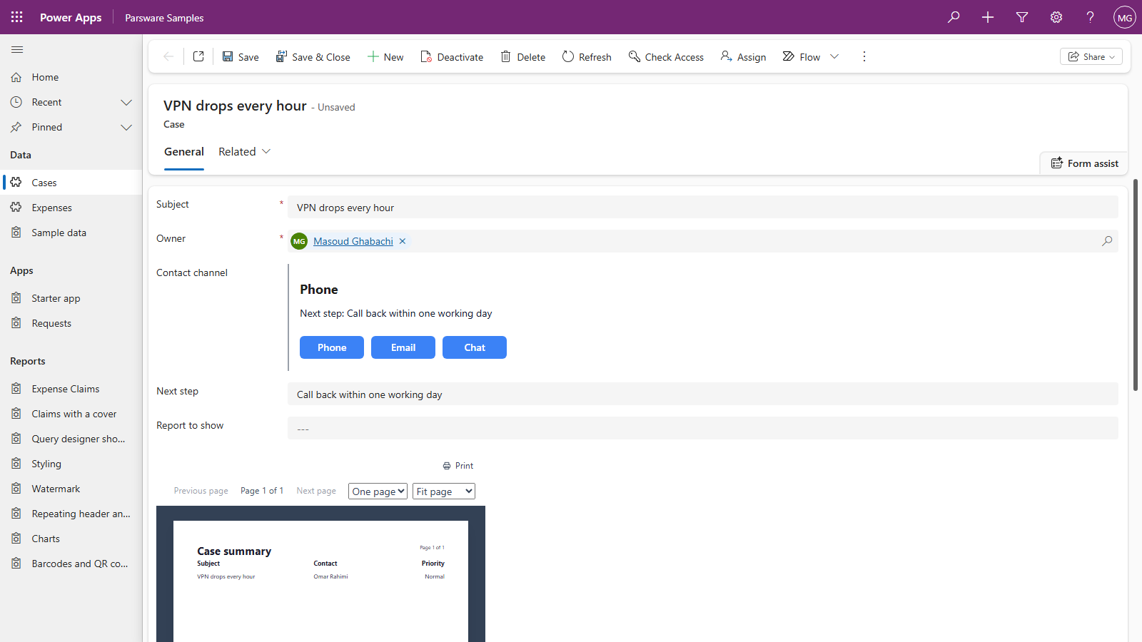 The case VPN drops every hour marked Unsaved. The drawn Contact channel field shows Phone and Next step: Call back within one working day, and the ordinary Next step field below shows Call back within one working day too