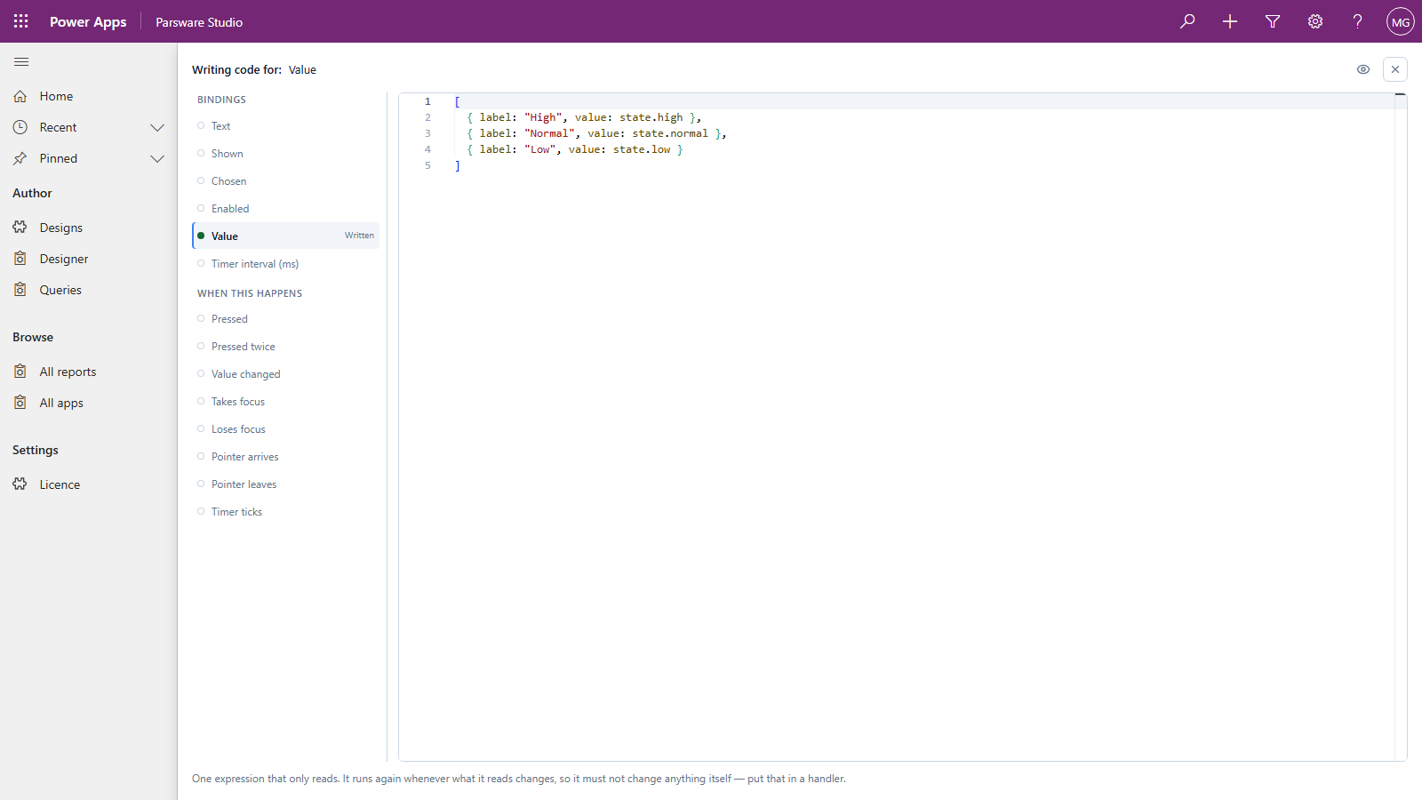 The code page for the chart's Value binding: a list of three items, High with state.high, Normal with state.normal and Low with state.low