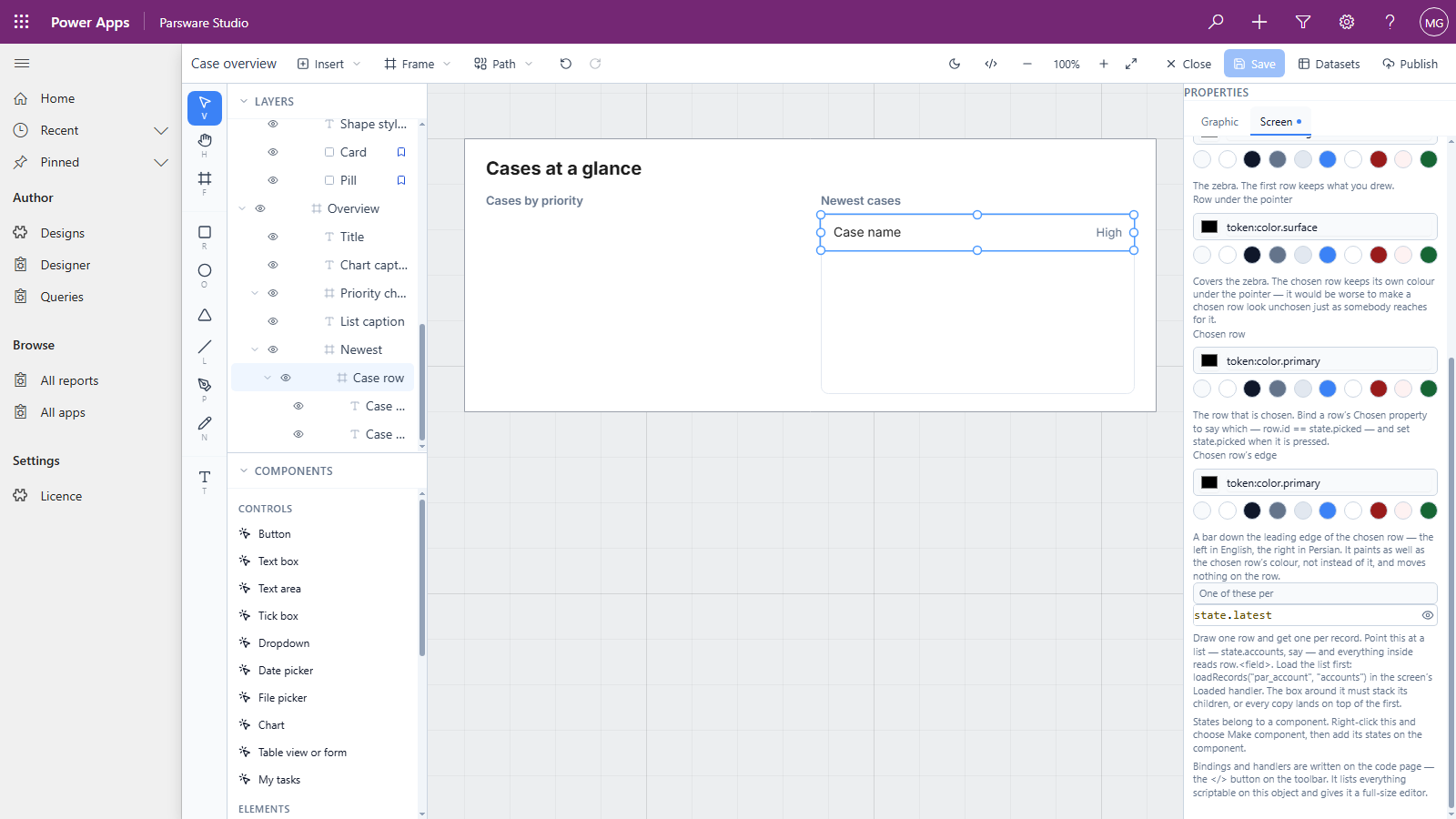 The designer with the Case overview screen: Cases at a glance, the two captions, and the list on the right with its one drawn Case row selected, showing Case name and High; on the right the Screen tab says This object is A list item, and One of these per holds state.latest