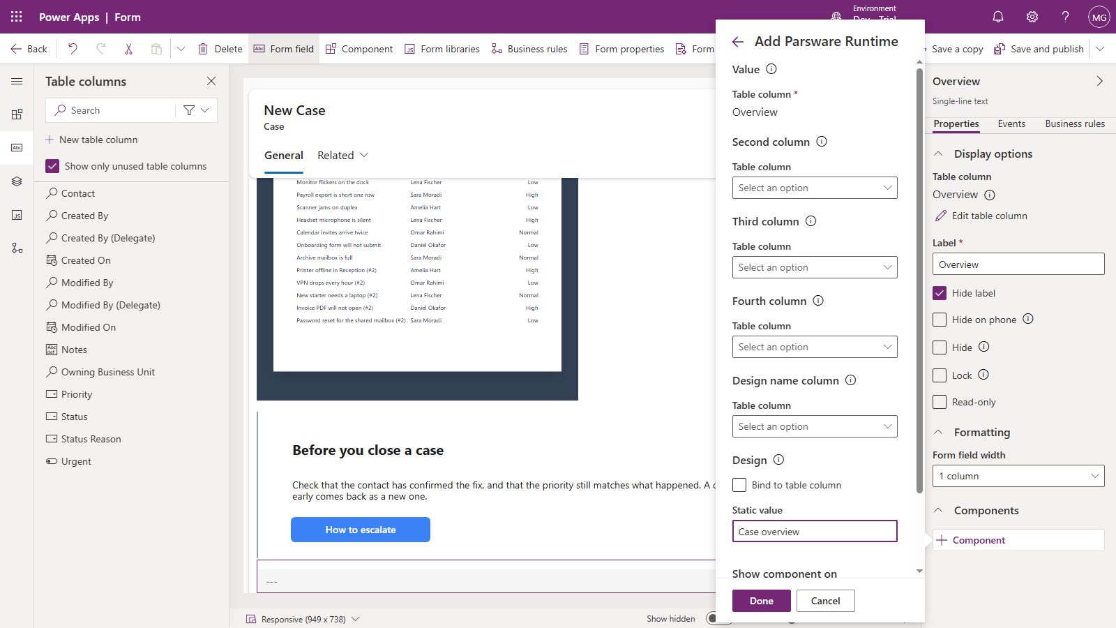 The Add Parsware Runtime panel: Value bound to the Overview column, the other columns empty, and Design set to the static value Case overview