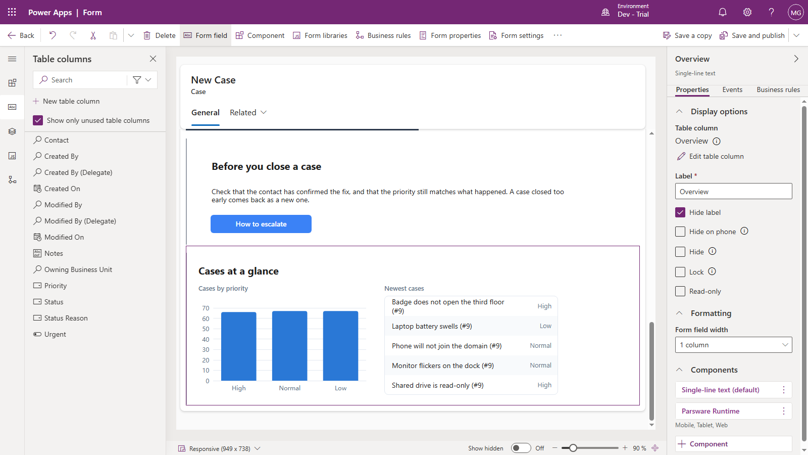 The form designer with the Case form: below the Case checklist panel, the Cases at a glance panel shows a bar chart of High, Normal and Low and the five newest cases with their priorities