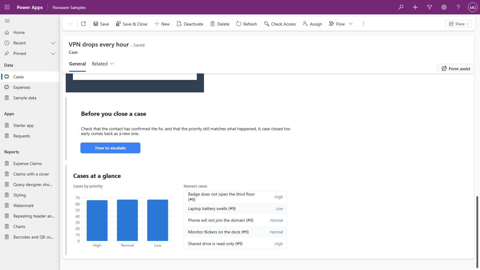 The case VPN drops every hour in the Parsware Samples app, with the Cases at a glance panel below the checklist: bars for High, Normal and Low between 60 and 70, and the five newest cases from Badge does not open the third floor to Shared drive is read-only