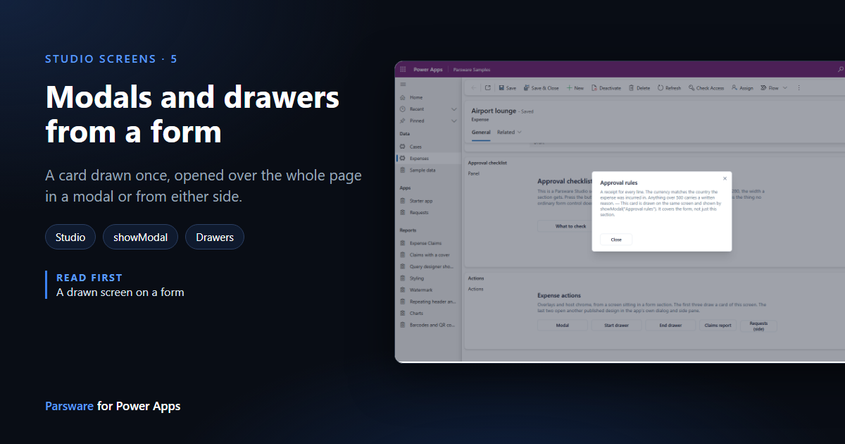 An expense record with a modal headed Approval rules over the form, its short paragraph and a Close button, next to the title "Modals and drawers from a form"
