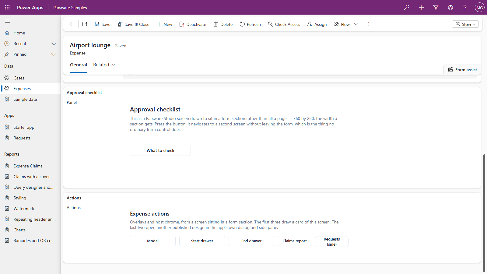 An expense, Airport lounge, scrolled down to the Approval checklist and Actions sections. The Actions section is a drawn screen headed Expense actions with five buttons: Modal, Start drawer, End drawer, Claims report and Requests (side)