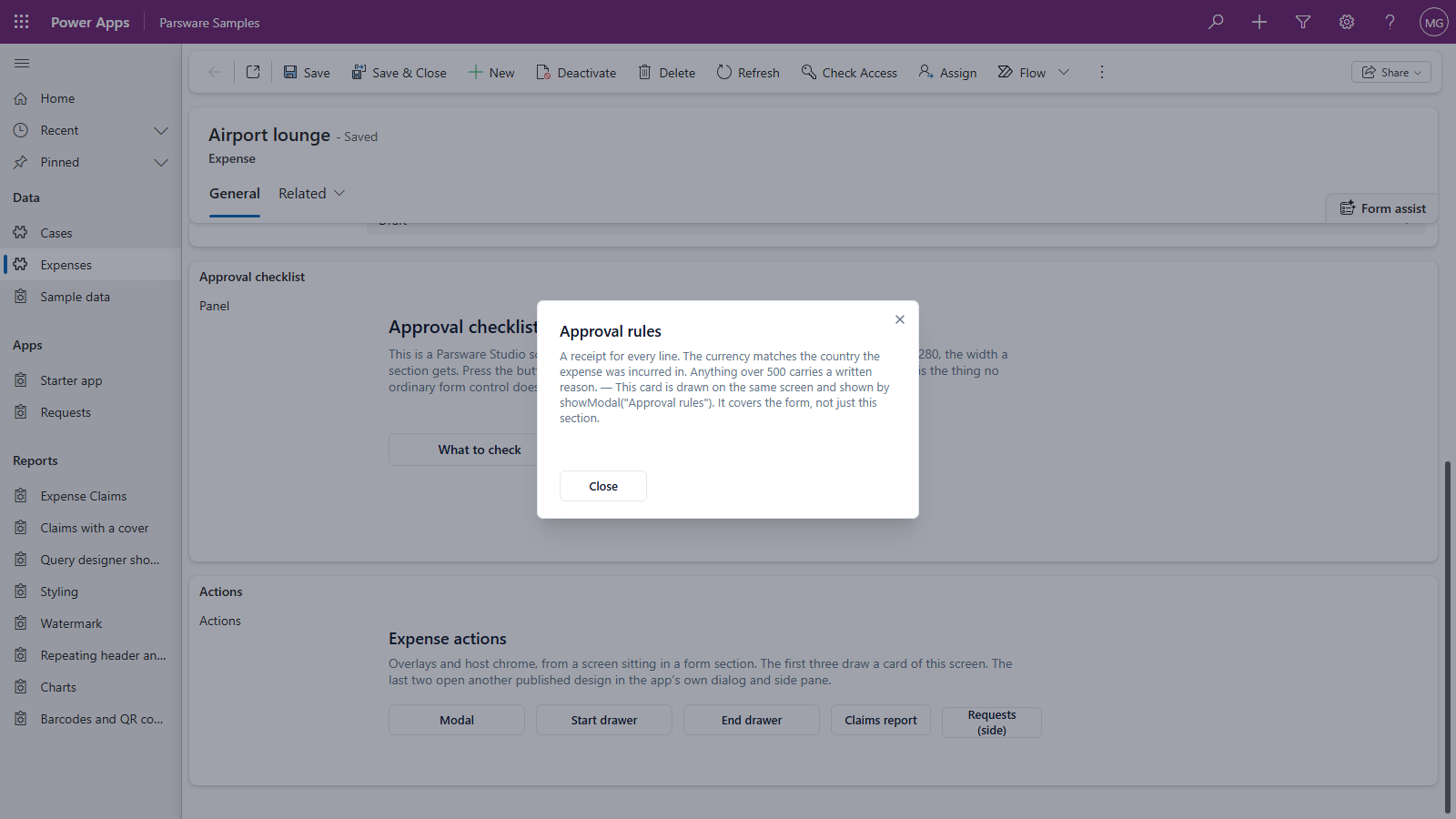 The Approval rules card centred over the expense form, with its paragraph about receipts, currency and a written reason for anything over 500, and a Close button