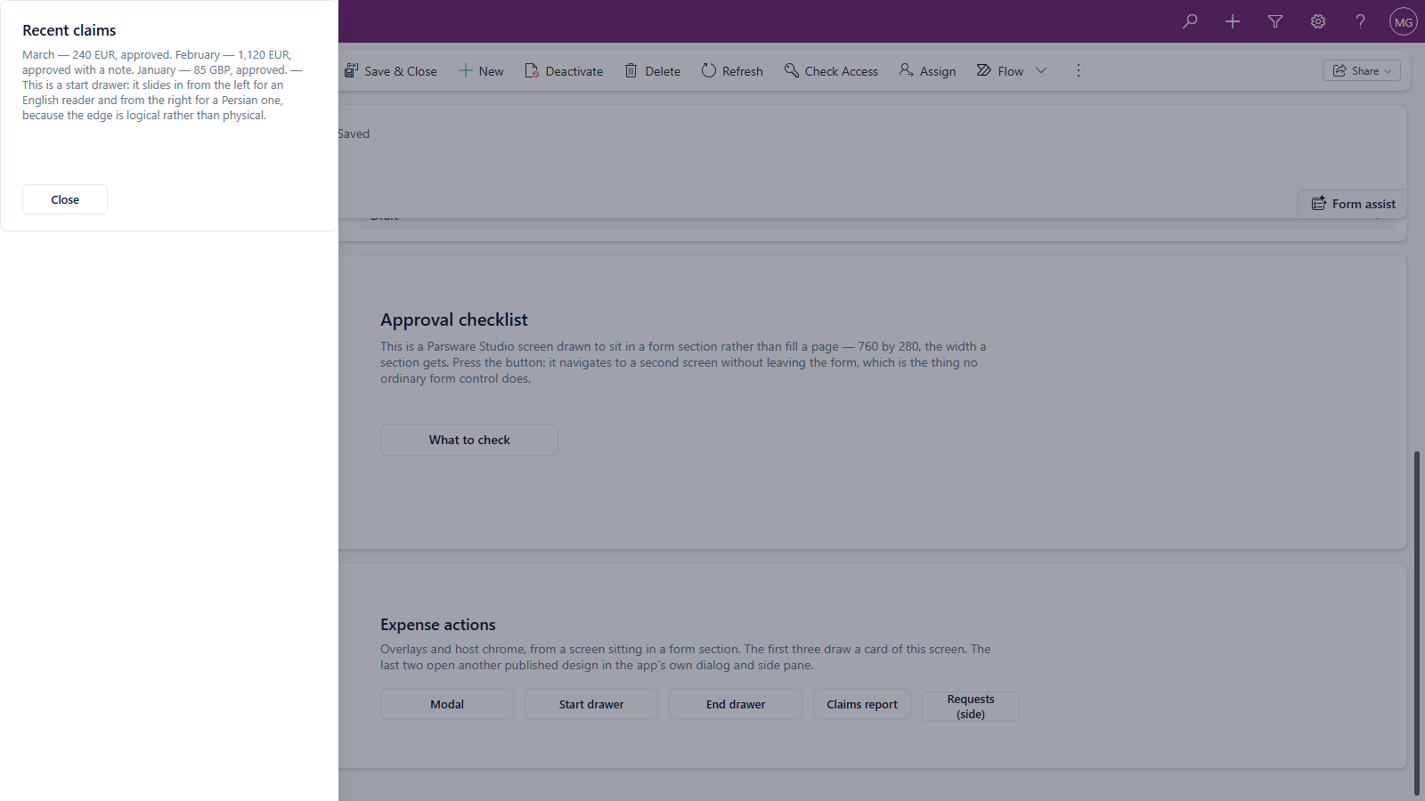 The Recent claims card as a start drawer down the left of the window, over the dimmed form, with March, February and January claims and a Close button