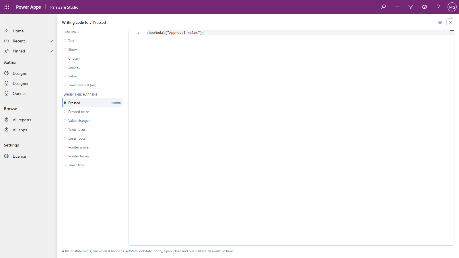 The code page for the Modal button: Pressed is marked Written and holds showModal("Approval rules");