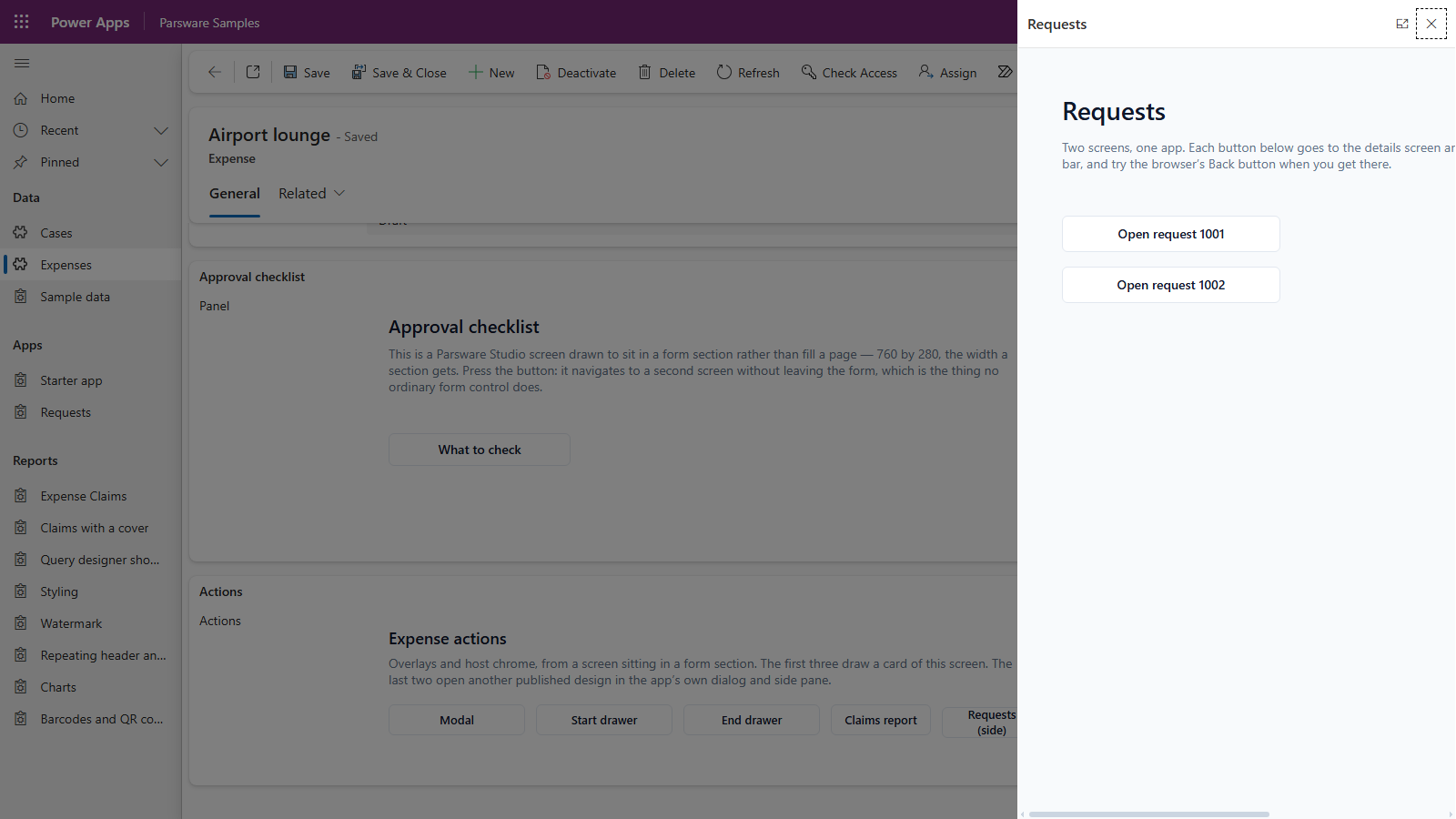 The Requests app open in a side pane on the right of the expense form, headed Requests, with Open request 1001 and Open request 1002 buttons
