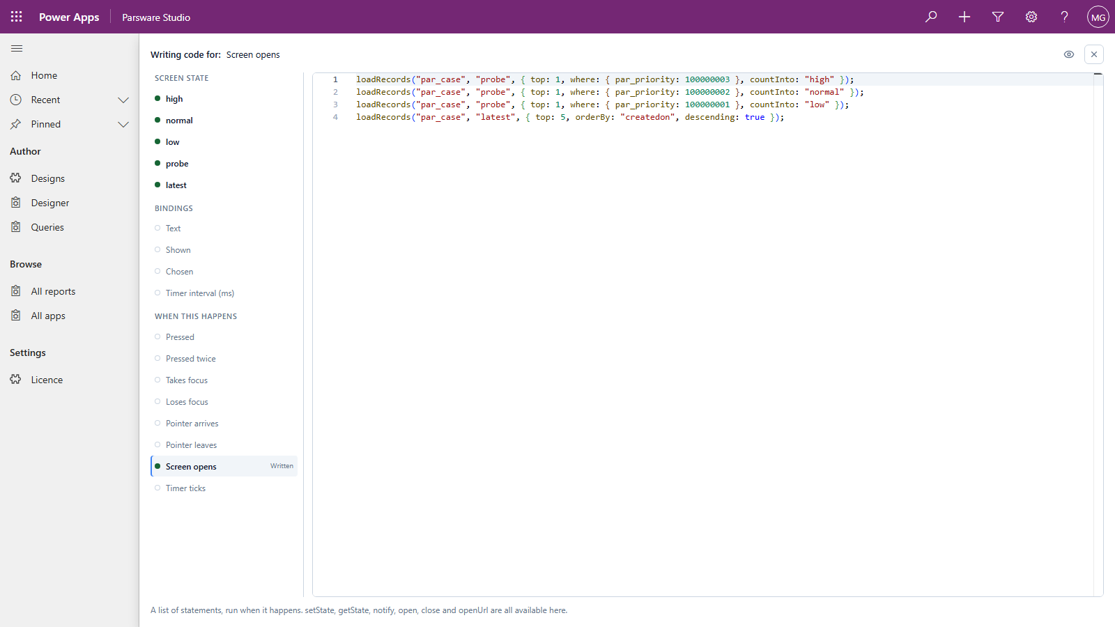 The code page for the Overview frame: on the left, the screen's state fields high, normal, low, probe and latest, then its bindings Text, Shown, Chosen and Timer interval, then its events from Pressed to Timer ticks, with Screen opens marked Written; on the right, the four loadRecords lines that load the counts and the newest cases
