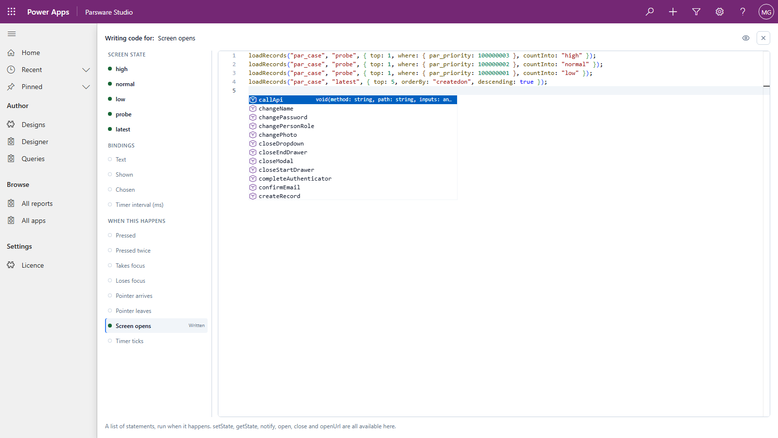 The code page with a list of functions under the cursor: callApi, changeName, changePassword, closeDropdown, closeEndDrawer, closeModal, and more, with callApi's arguments method, path, inputs and into shown beside it