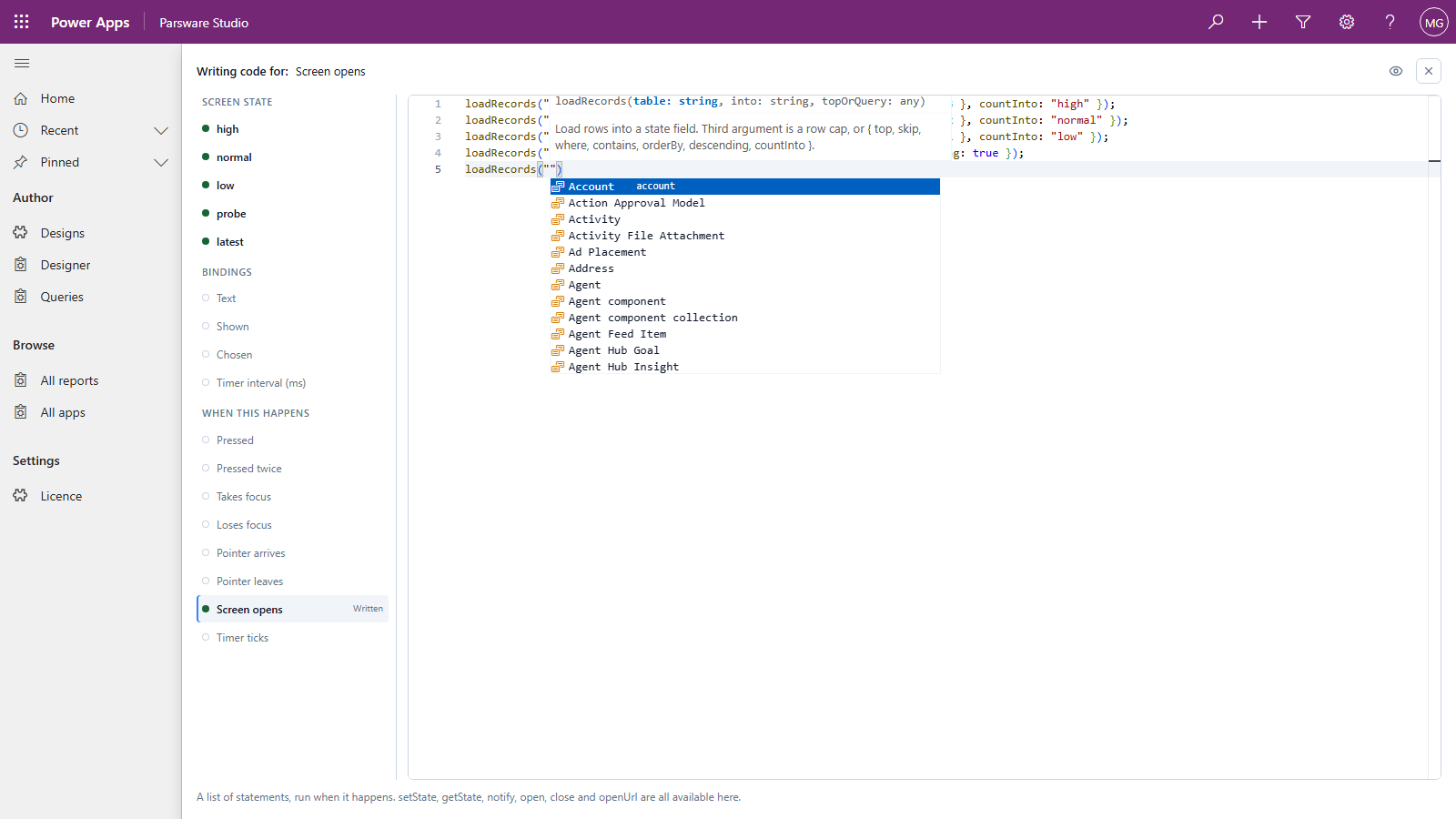 loadRecords with its first argument open, and a list of the environment's tables by display name: Account, Action Approval Model, Activity, Activity File Attachment, Address, Agent