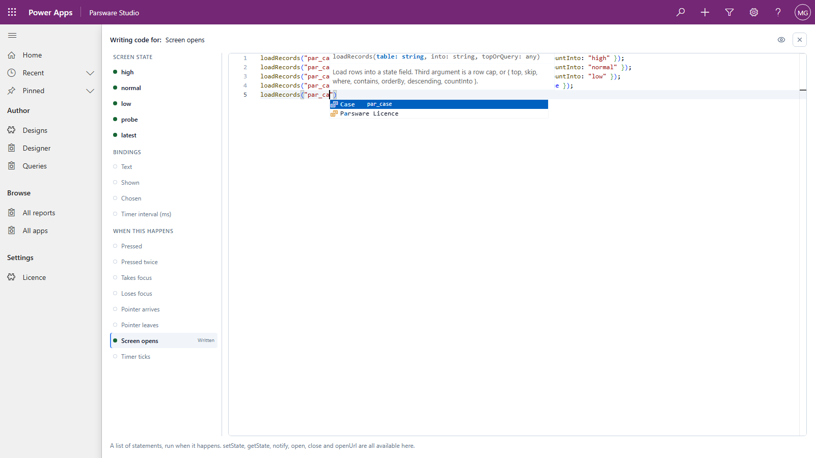 loadRecords with par_ca typed inside the quotes, and the list narrowed to Case, par_case