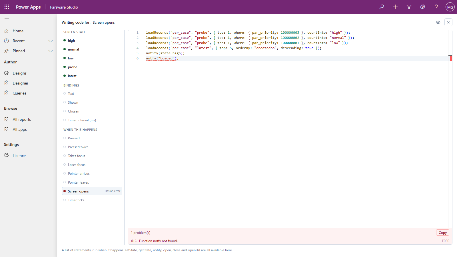 The code page with a sixth line, notfy("Loaded"), underlined in red; Screen opens is marked Has an error, and the problems panel reads 6:1 Function notfy not found