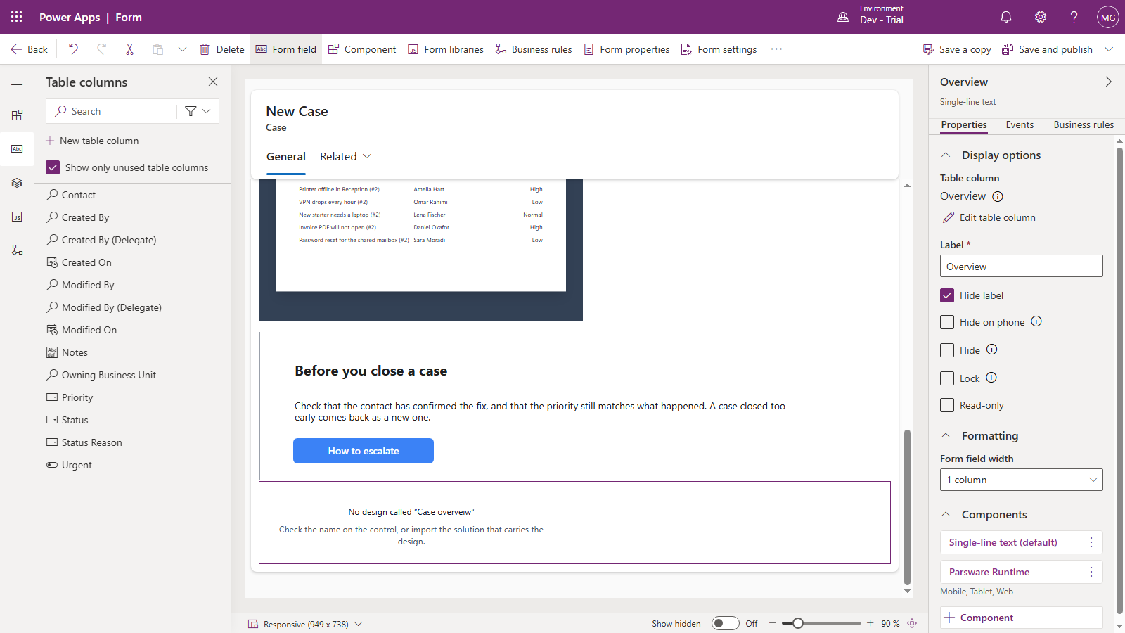 The Power Apps form designer with the Case form: the Overview column holds the Parsware Runtime control, and in its place the canvas reads No design called "Case overveiw", Check the name on the control, or import the solution that carries the design