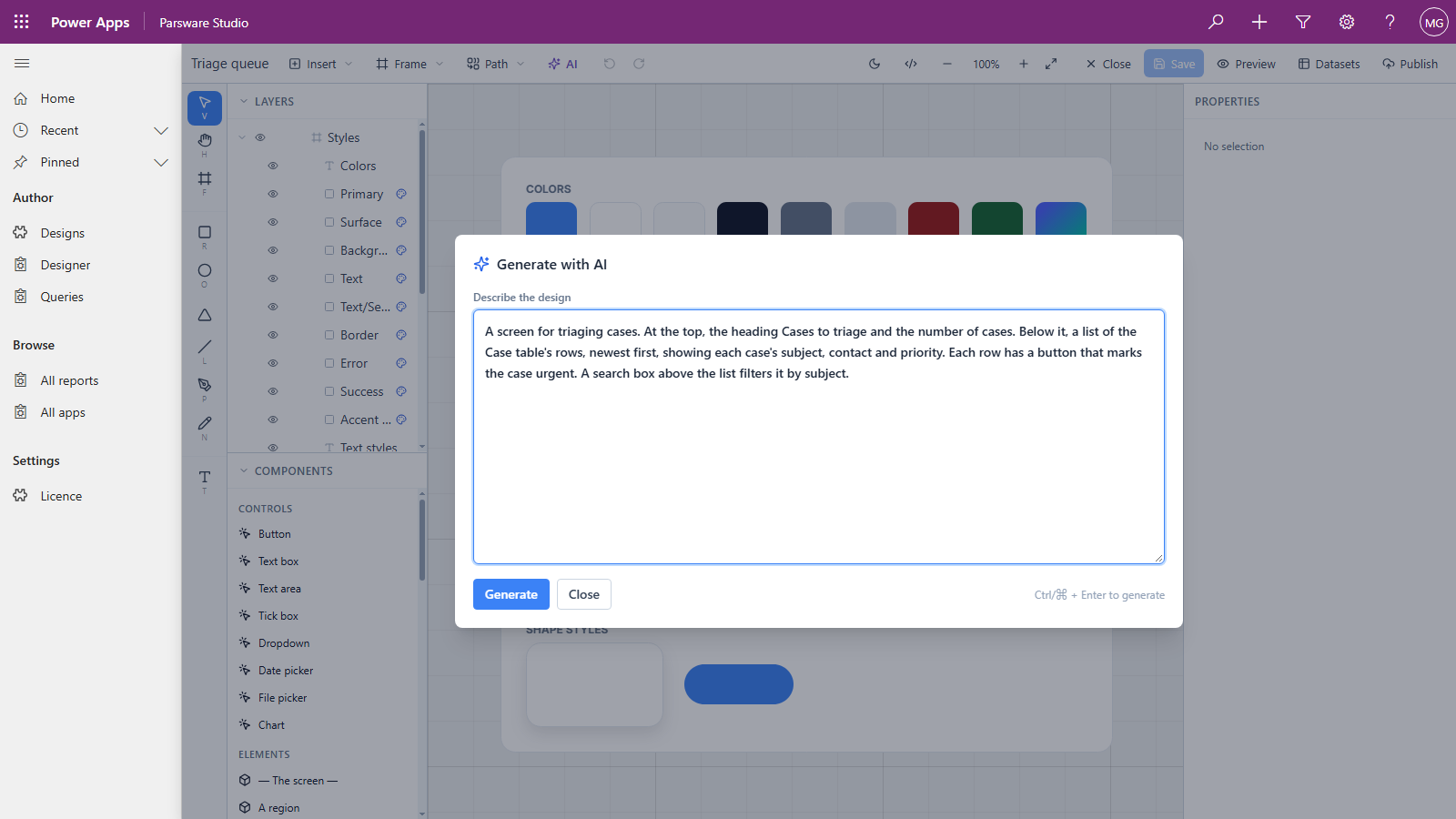 The Generate with AI dialog over the Styles board, with the description of the triage screen typed in and the Generate button below it