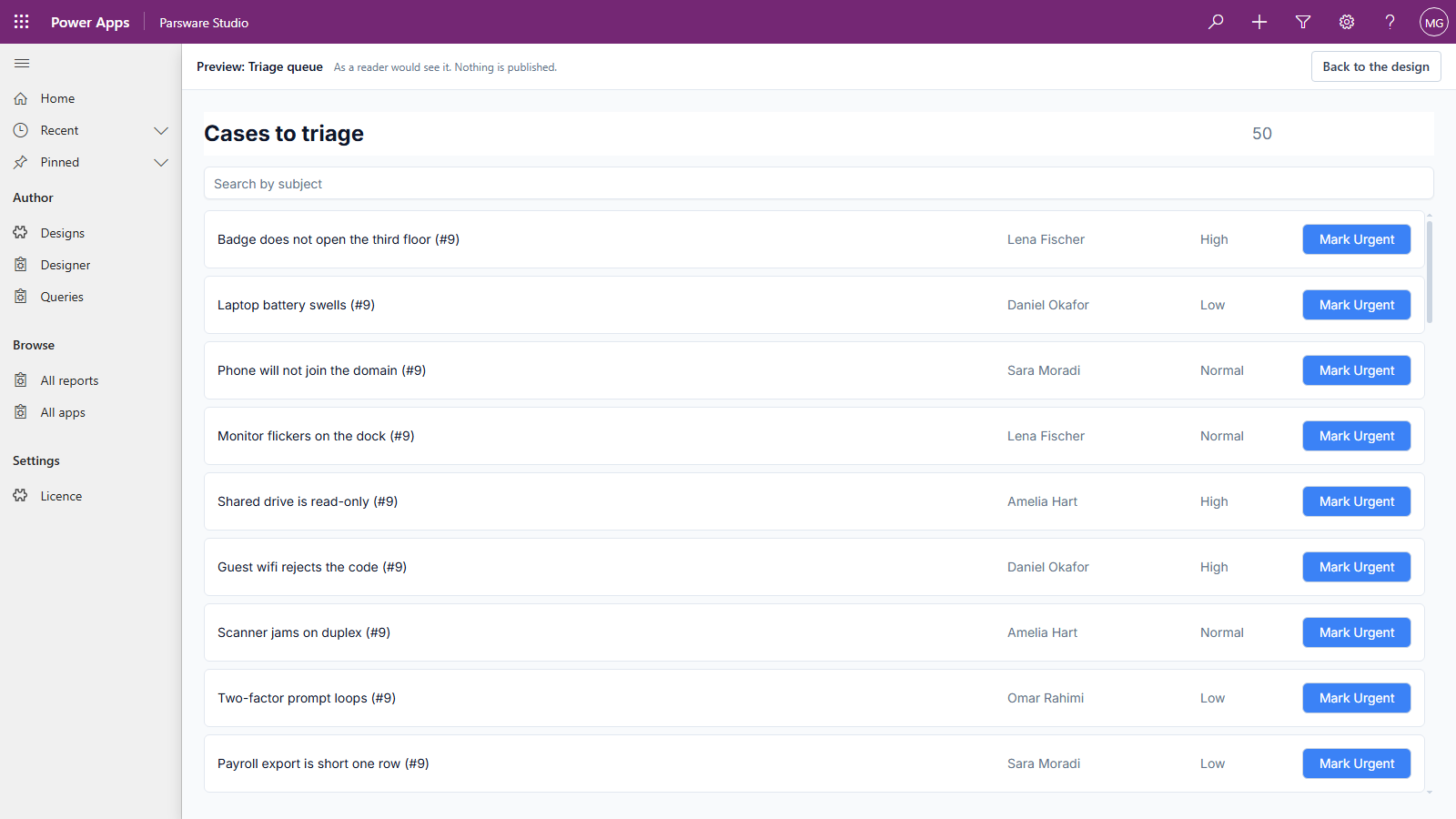 The preview: Cases to triage, 50 at the top right, a search box, and the newest cases with their contact and priority, each with a Mark Urgent button
