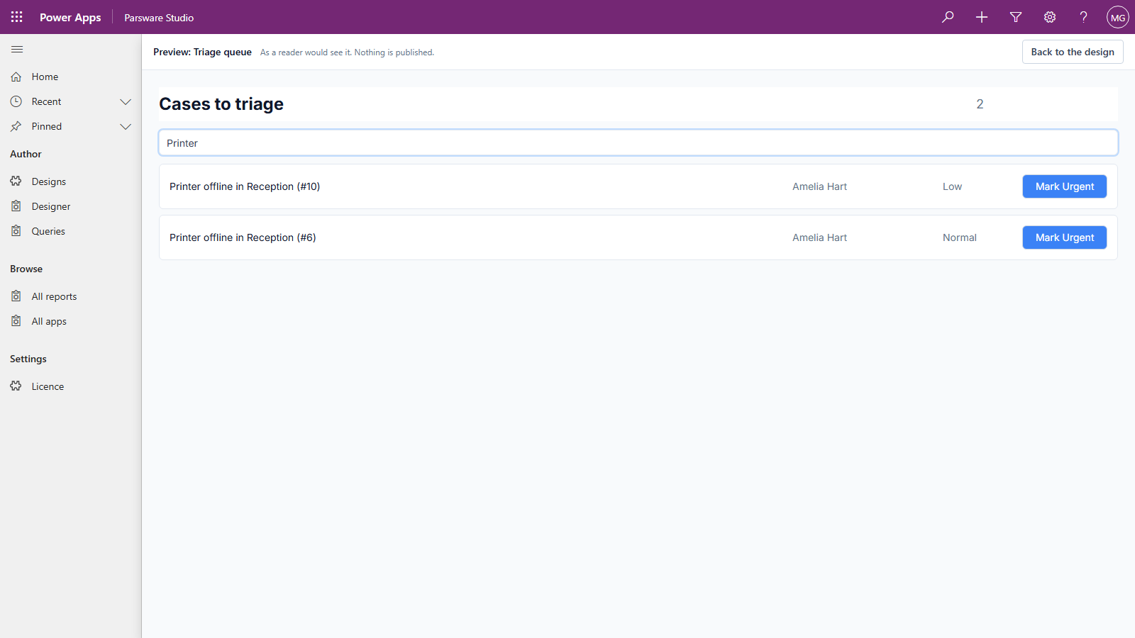 The preview with Printer typed in the search box: two cases, Printer offline in Reception, and the count reading 2