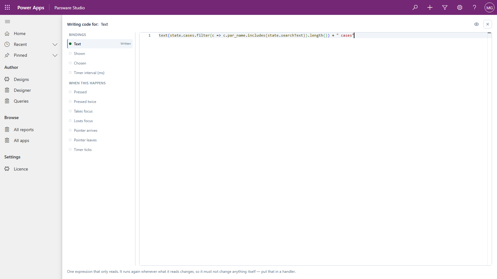 The code page, Writing code for: Text, holding the count's expression with + " cases" at the end