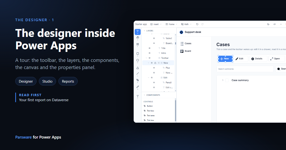 The Parsware designer inside Power Apps, showing the Starter app design: a toolbar across the top, layers and components on the left, the Cases screen on the canvas with its New button selected, and the properties panel on the right, next to the title "The designer inside Power Apps"