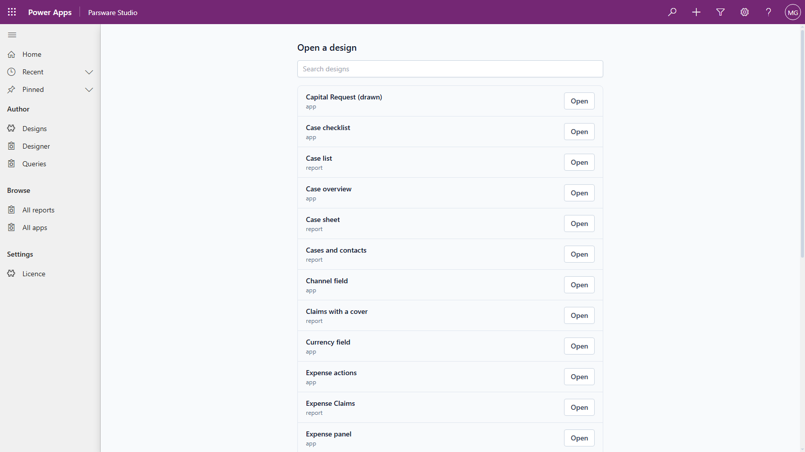 The Designer page in Parsware Studio, titled Open a design, listing Capital Request (drawn), Case checklist, Case list, Case overview, Case sheet, Cases and contacts and more, each with its kind (app or report) and an Open button