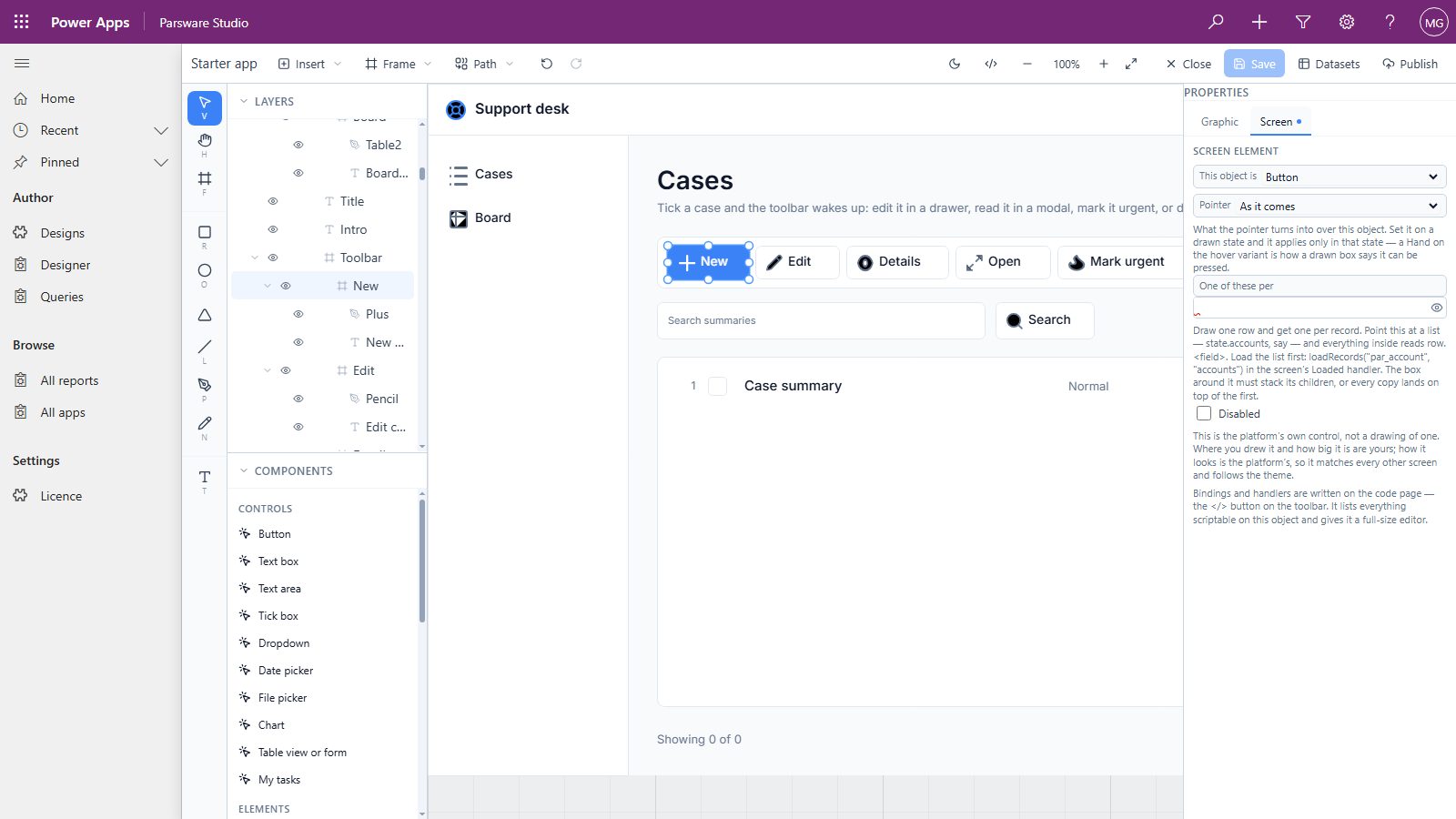 The Screen tab for the New button: This object is Button, Pointer As it comes, an empty One of these per field, a Disabled tick box, and a note that this is the platform's own control