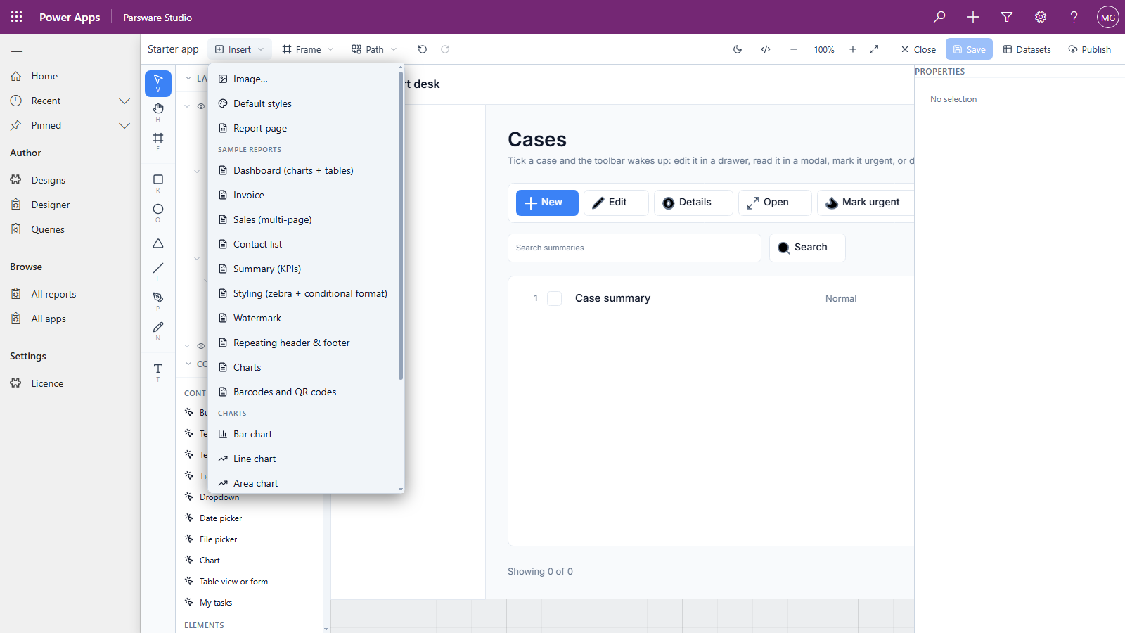 The Insert menu open on the Starter app: Image, Default styles and Report page, then Sample reports such as Dashboard, Invoice, Sales (multi-page) and Contact list, then Charts