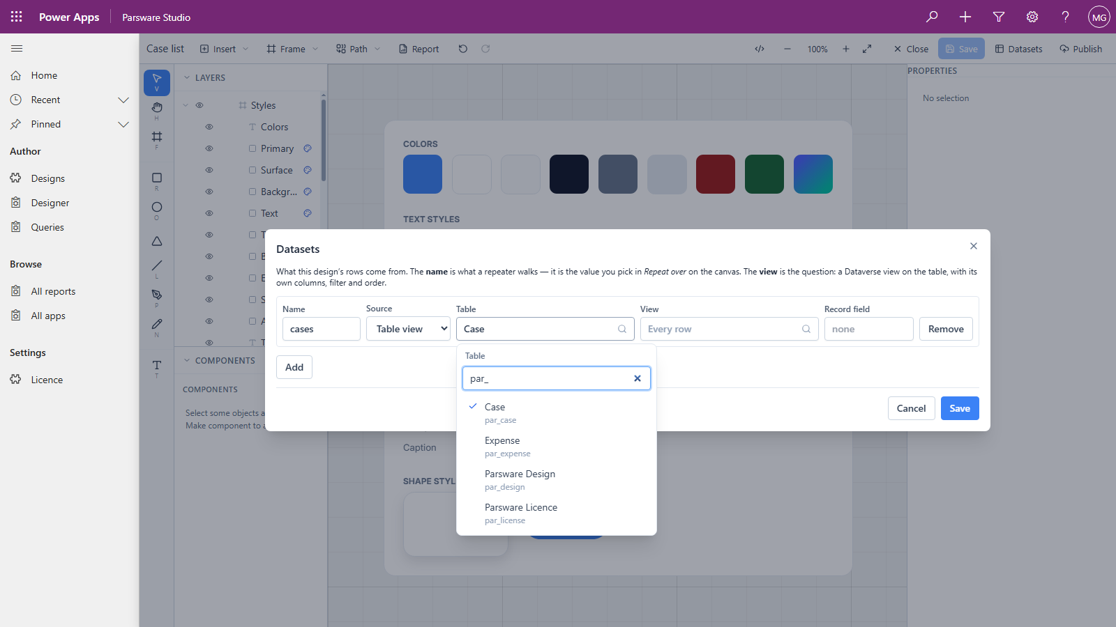 The Datasets dialog with the Table picker open. par_ is typed in its search box, and the list shows Case (par_case, ticked), Expense (par_expense), Parsware Design (par_design) and Parsware Licence (par_license)