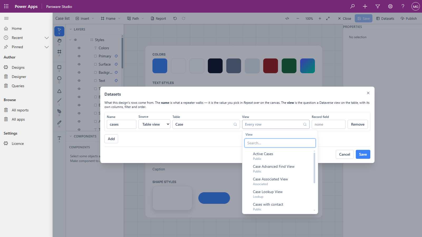 The View picker open for the Case table: Active Cases (Public), Case Advanced Find View (Public), Case Associated View (Associated), Case Lookup View (Lookup) and Cases with contact (Public), with a search box above