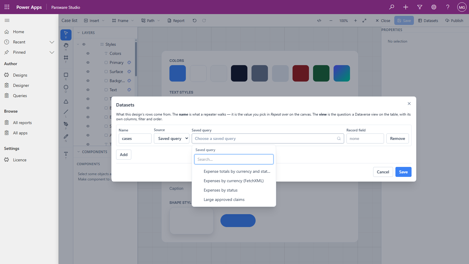 The Datasets dialog with Source set to Saved query and the picker open on four queries: Expense totals by currency and status, Expenses by currency (FetchXML), Expenses by status and Large approved claims