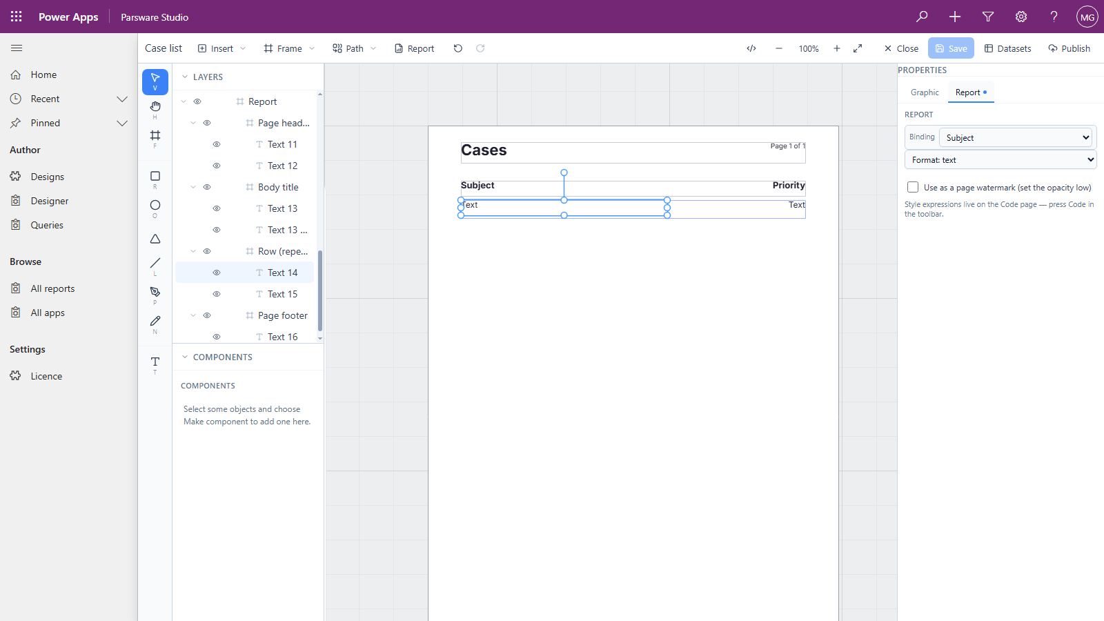 The Case list report with a text box in the repeating row selected. Its Report tab shows Binding set to Subject and Format set to text