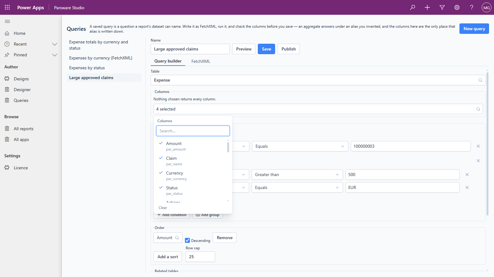 The Large approved claims query in the query builder, with the Columns picker open over the Expense table: Amount (par_amount), Claim (par_name), Currency (par_currency) and Status (par_status) ticked, and a search box above them