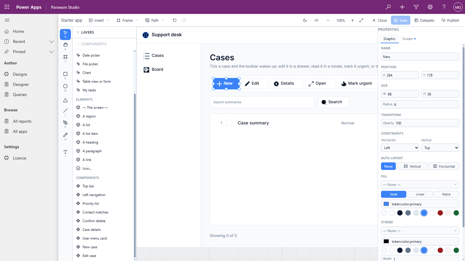 The Components panel with the Layers list folded. Below Controls and Elements, the Components group lists Top bar, Left navigation, Priority list, Contact matches, Confirm delete, Case details, User menu card, New case and Edit case