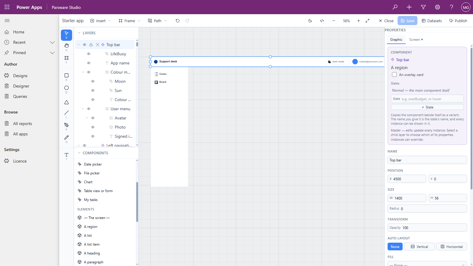 The main Top bar component selected on the canvas, a 1,400 by 56 bar reading Support desk with the menu below it. The properties panel shows a purple Component box: Top bar, A region, An overlay card, States with Normal, the main component itself, a + State button, and the note Master, edits update every instance