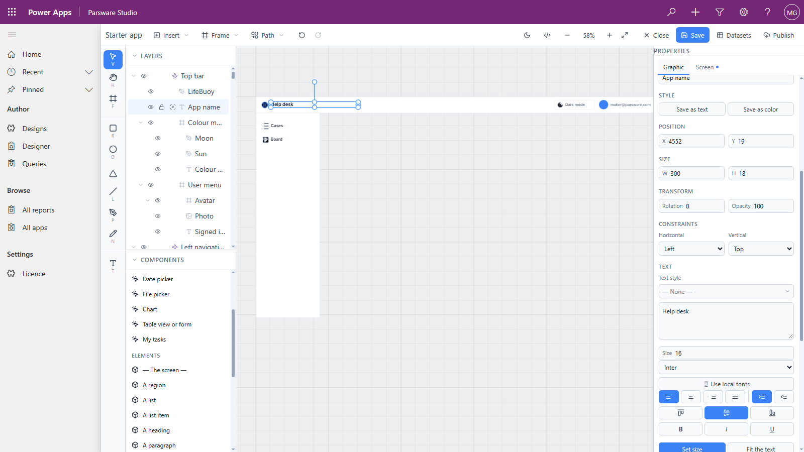 The App name text inside the main Top bar selected, with Help desk in the text box of the properties panel and on the canvas