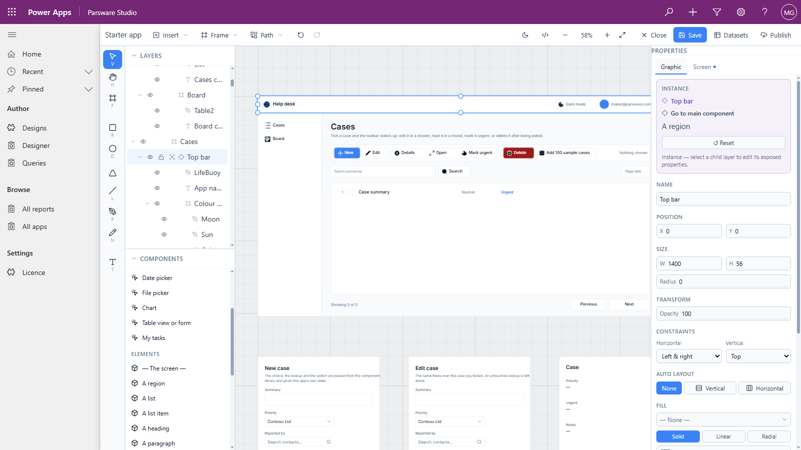 The Cases screen with its top bar, now reading Help desk, selected. The properties panel shows a purple Instance box: Top bar, Go to main component, A region, a Reset button, and the note Instance, select a child layer to edit its exposed properties