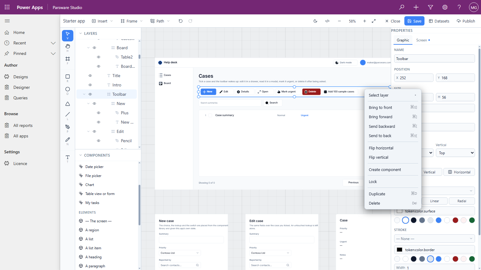 The Toolbar frame on the Cases screen selected, with the right-click menu open: Select layer, Bring to front, Bring forward, Send backward, Send to back, Flip horizontal, Flip vertical, Create component, Lock, Duplicate and Delete