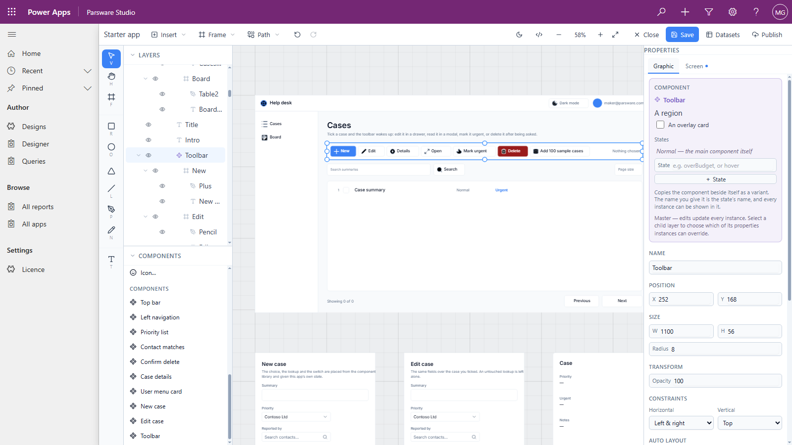 The Toolbar is now a main component: the properties panel shows the purple Component box for Toolbar, its layer has a diamond, and Toolbar is the last entry in the Components list