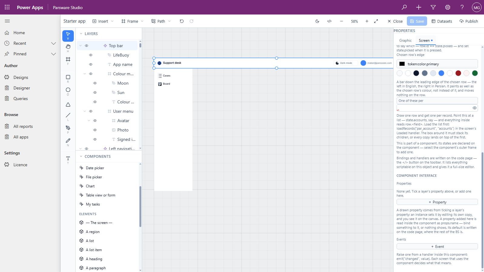 The Screen tab of the main Top bar, scrolled to Component interface: Properties, with None yet and a + Property button, and Events, with a + Event button, each with a line of explanation