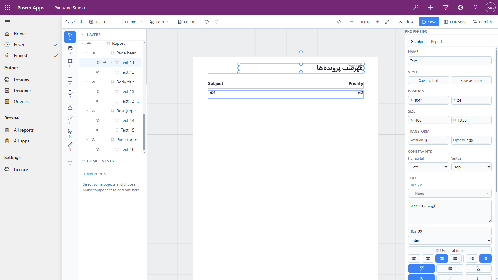 The report's title text selected, now reading فهرست پرونده‌ها, aligned to the right of its box. In the properties panel, Align right and Right to left are both highlighted