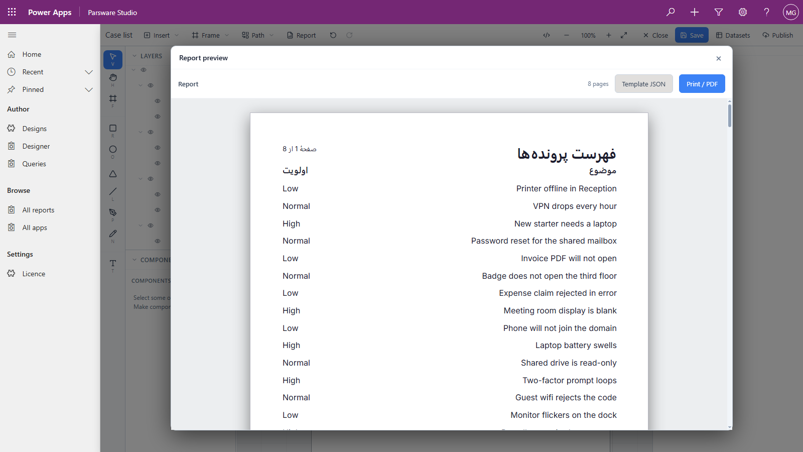 The Report preview, 8 pages: فهرست پرونده‌ها at the top right, صفحهٔ 1 از 8 at the top left, then the headings اولویت on the left and موضوع on the right, and rows such as Low, Printer offline in Reception and Normal, VPN drops every hour