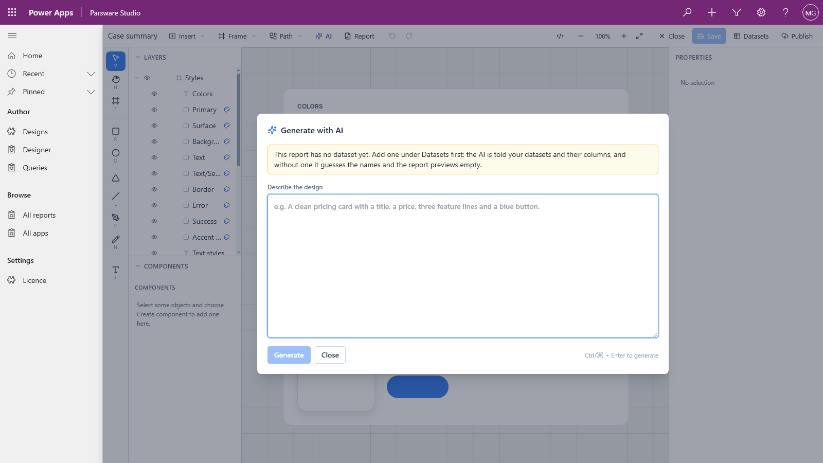 The Generate with AI dialog over an empty design. A yellow note reads: This report has no dataset yet. Add one under Datasets first: the AI is told your datasets and their columns, and without one it guesses the names and the report previews empty