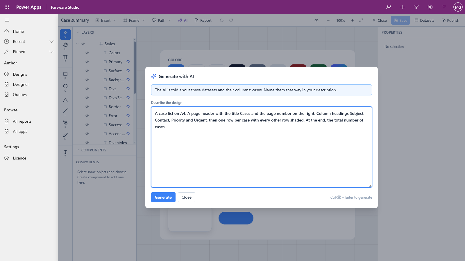 The Generate with AI dialog. The note reads: The AI is told about these datasets and their columns: cases. The description below asks for a case list on A4 with a page header, four column headings, shaded rows and the total number of cases