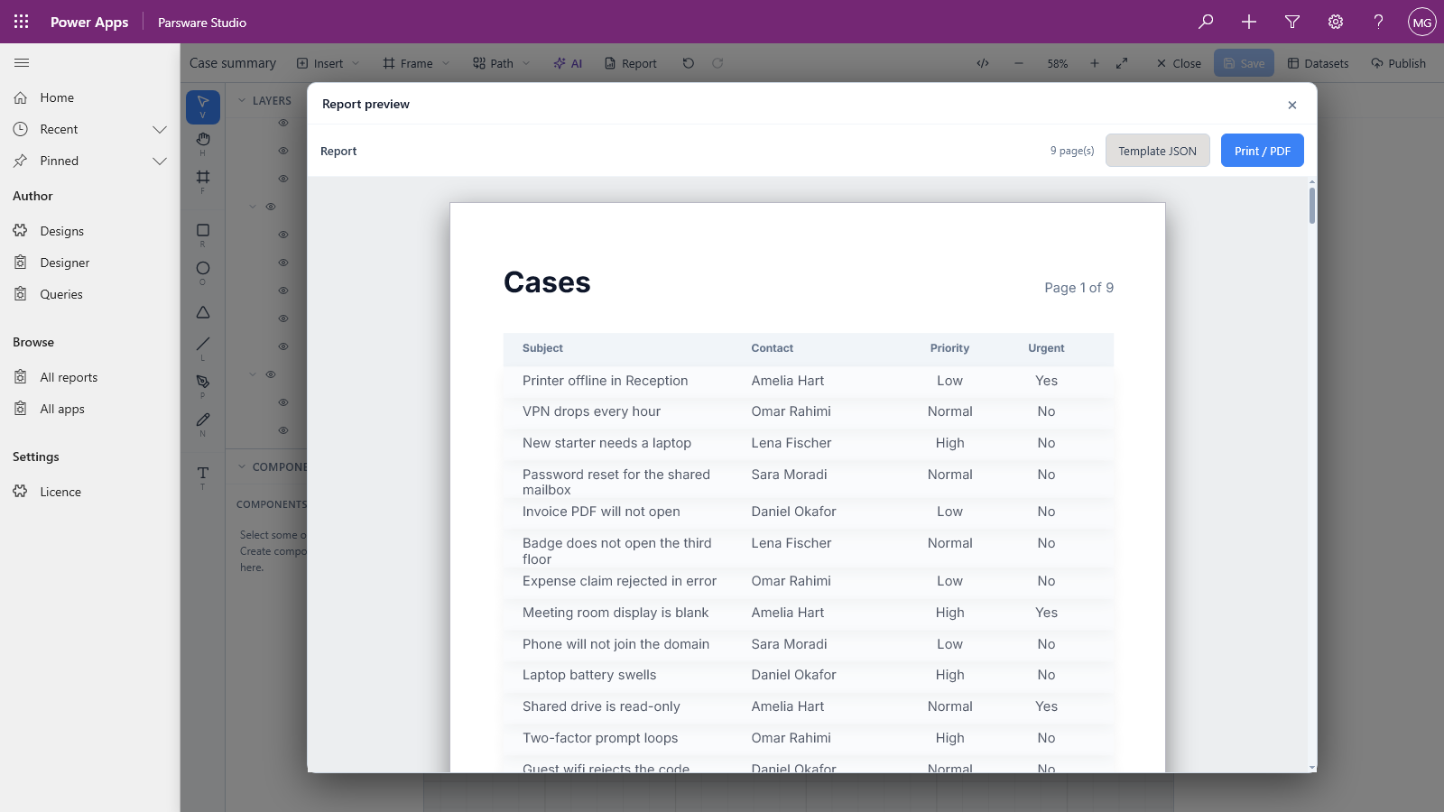 The Report preview, 9 pages: Cases at the top left, Page 1 of 9 at the top right, then the headings and rows such as Printer offline in Reception, Amelia Hart, Low, Yes and VPN drops every hour, Omar Rahimi, Normal, No
