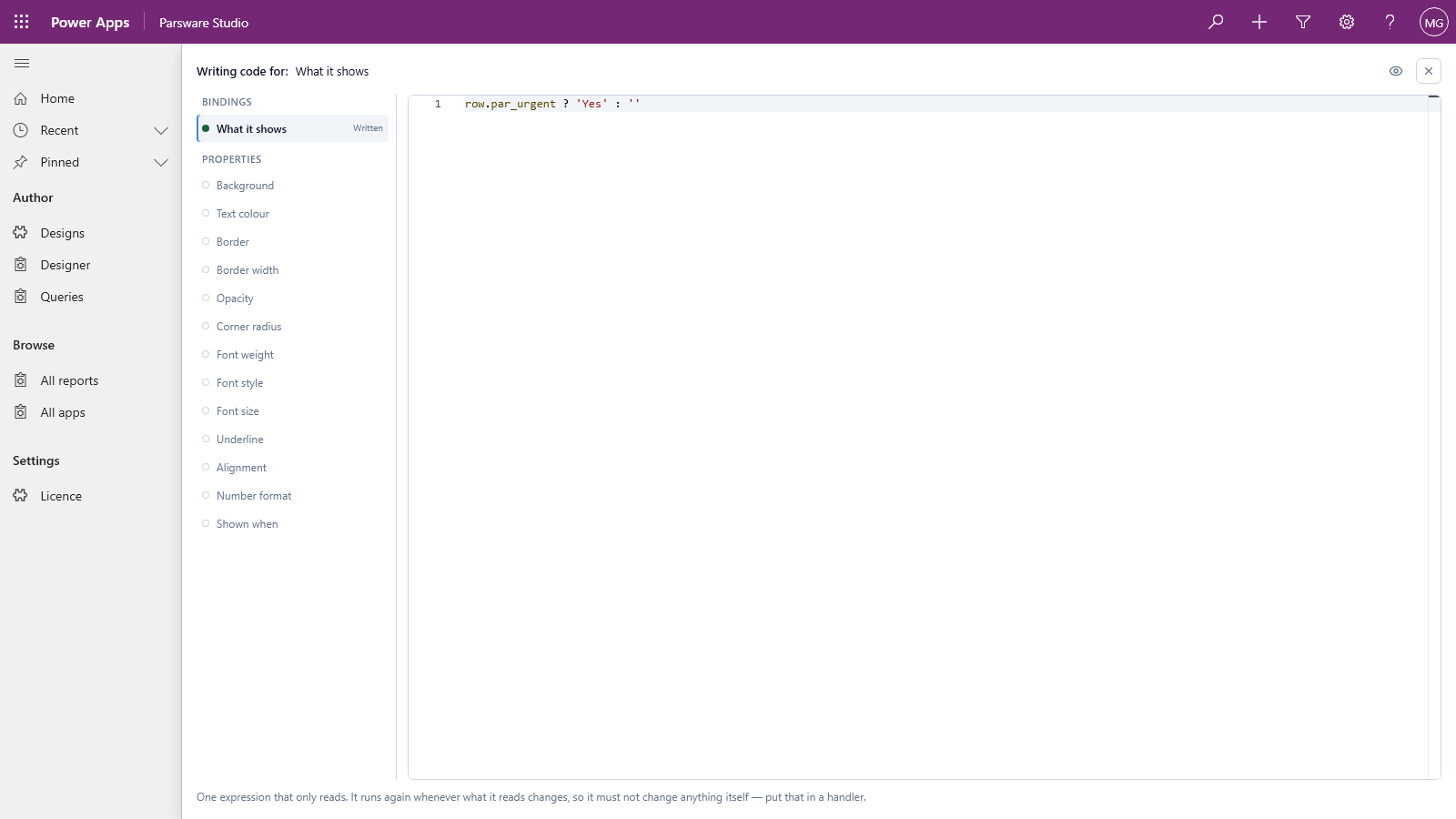 The code page, Writing code for: What it shows, holding row.par_urgent ? 'Yes' : ''