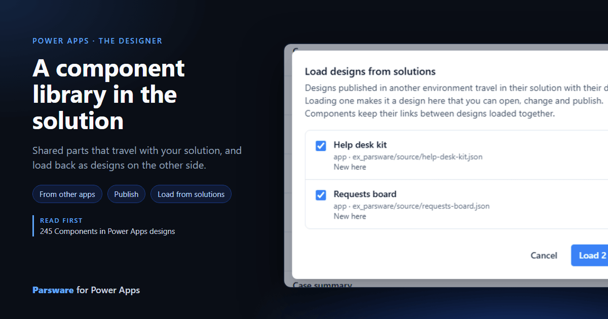 The Load designs from solutions dialog listing Help desk kit and Requests board, both ticked and marked New here, with a Load 2 designs button, next to the title "A component library in the solution"