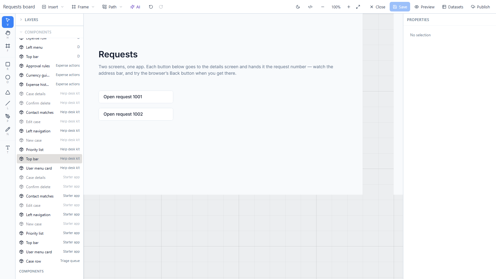 The Requests board design in the Parsware designer. The Components list shows components from other designs: Case details, Contact matches, Left navigation, Priority list, Top bar and User menu card from Help desk kit, the same names from Starter app, and Case row from Triage queue. Top bar from Help desk kit is highlighted