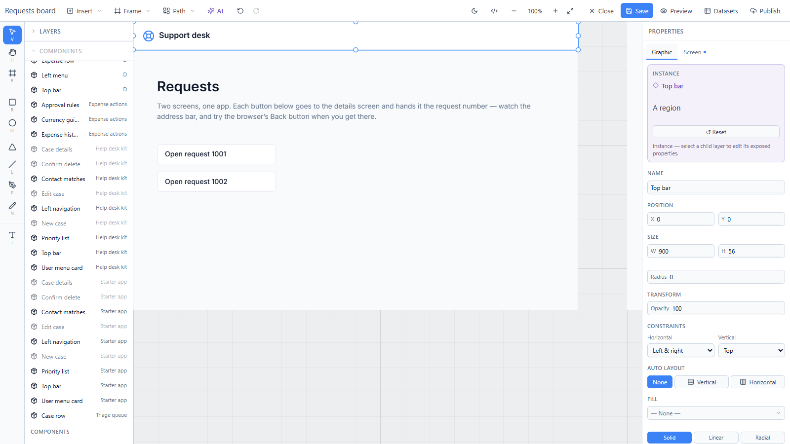 The Requests screen with the Help desk kit's top bar across its top edge, reading Support desk. The properties panel says Instance, Top bar, with a Reset button, and the position and size boxes read X 0, Y 0, W 900, H 56