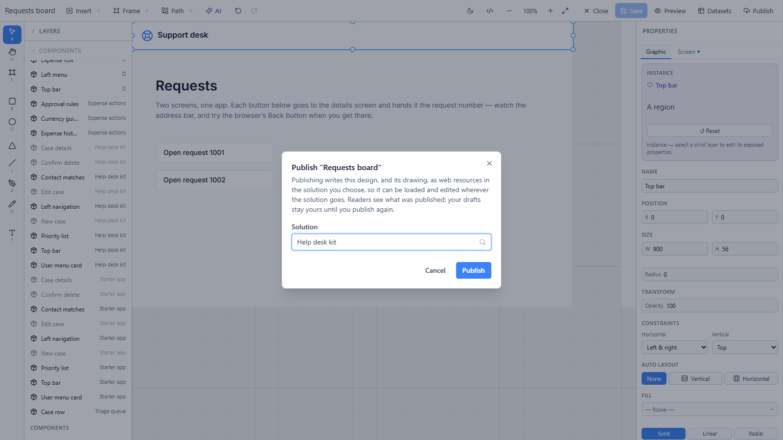 The Publish "Requests board" dialog over the canvas. It says publishing writes this design, and its drawing, as web resources in the solution you choose, so it can be loaded and edited wherever the solution goes. The solution box reads Help desk kit